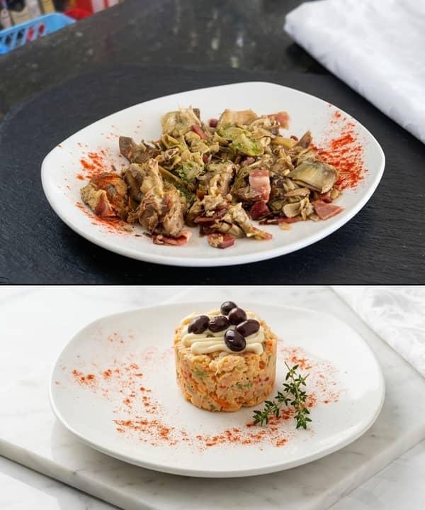 Alcachofas con jamón y Ensaladilla rusa de MENÚ en Restaurante Valentin, Alcossebre