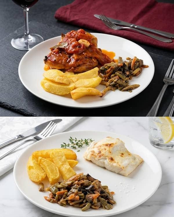 Cordero al horno y Bacalao al horno de MENÚ en Restaurante Valentin, Alcossebre