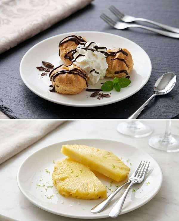 Profiteroles y Pińa de MENÚ en Restaurante Valentin, Alcossebre