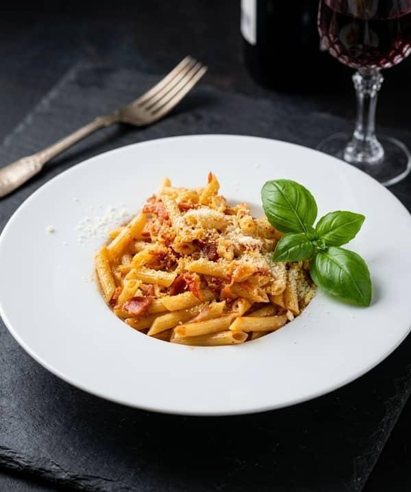 Penne rigate all'Amatriciana en Restaurante Valentin, Alcossebre