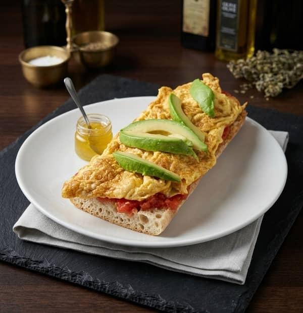 Tostada con tomate,tortilla y aguacate en Restaurante Valentin, Alcossebre