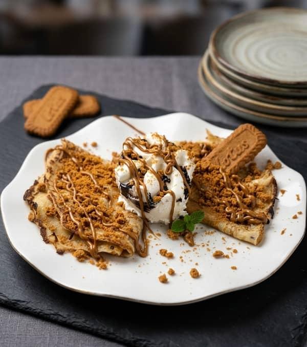 Crepe con helado biscuit en Restaurante Valentin, Alcossebre