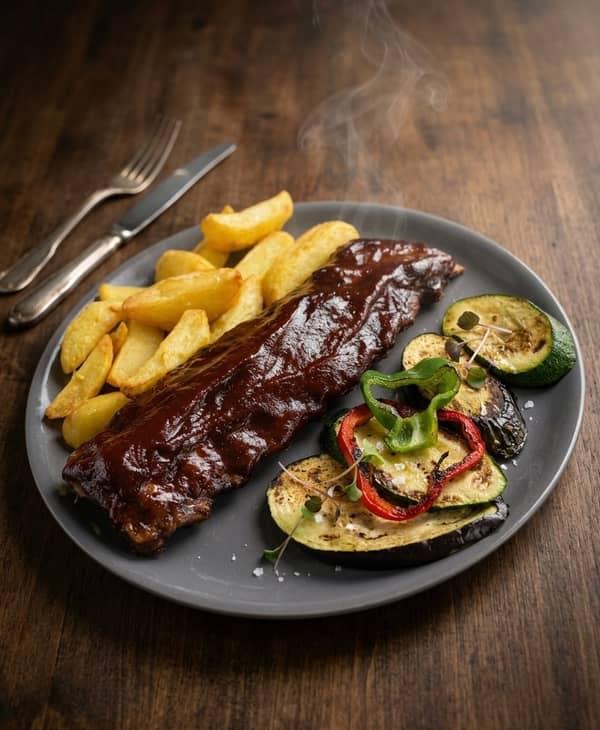 Costillas asadas estilo ranchero con salsa barbacoa en Restaurante Valentin, Alcossebre