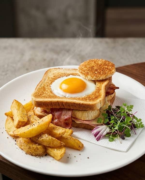 Sandwich club con patatas fritas en Restaurante Valentin, Alcossebre